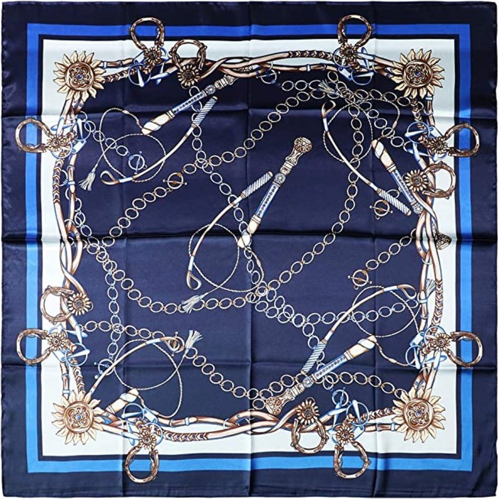 Vabovin Women's 35" Satin Square Silk Scarf, Navy Blue Chain